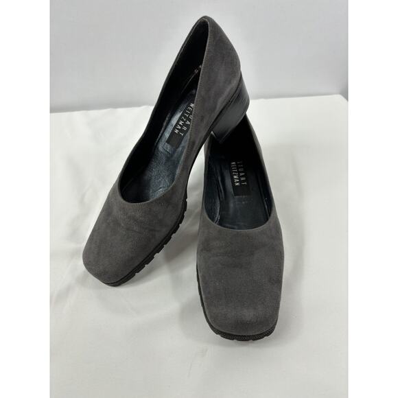 Stuart Weitzman Low Heel Pumps Dark Grey Suede Size 8 Square Toe Low Block Heel - Picture 4 of 14